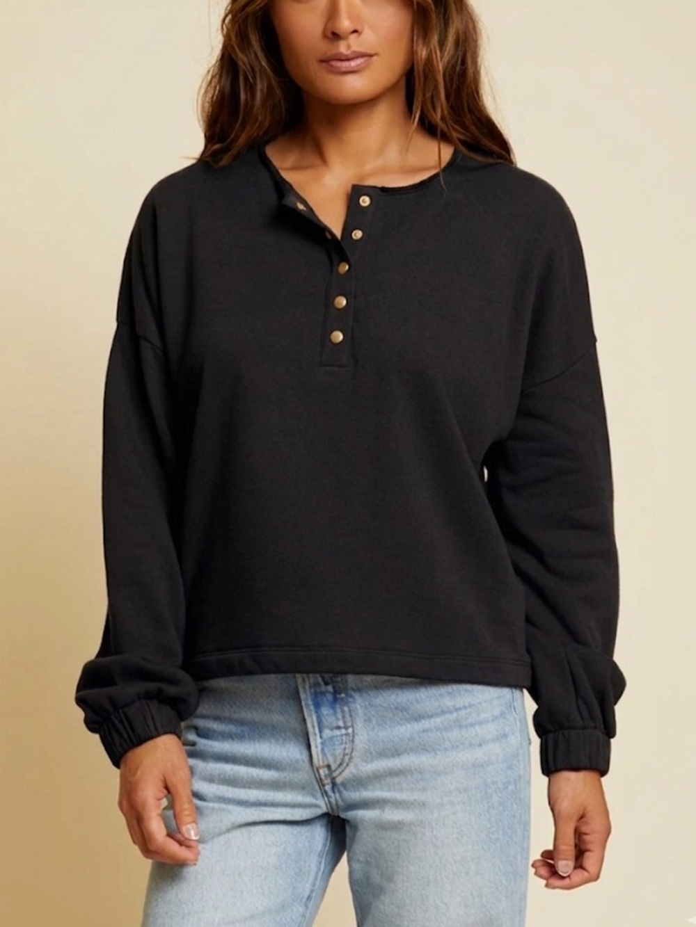 Nation LTD Callan Sweatshirt Gold Snap Henley Fleece Black Medium